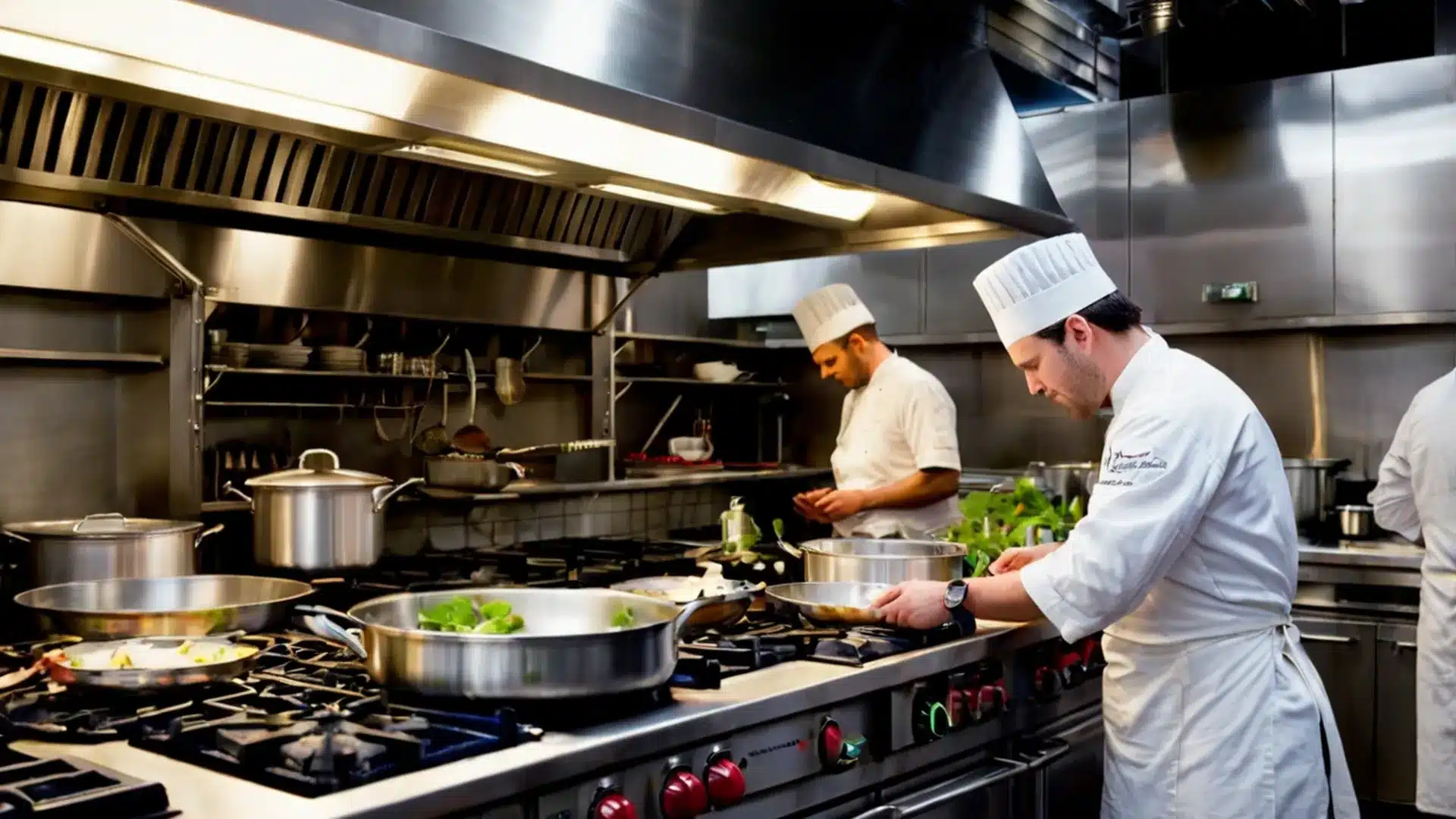 Cocina profesional en operación con campana de acero inoxidable sobre la línea de cocción