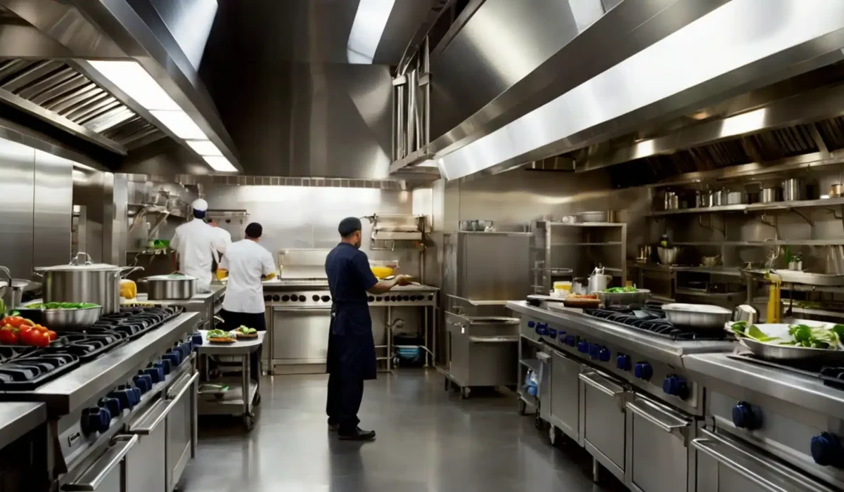 Cocina profesional con campana de acero inoxidable sobre la línea de cocción